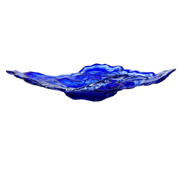 Abstract Blown Art Glass MCM Oyster Design Cobalt Ice Blue Clear Serving Bowl! - Picture 2 of 9